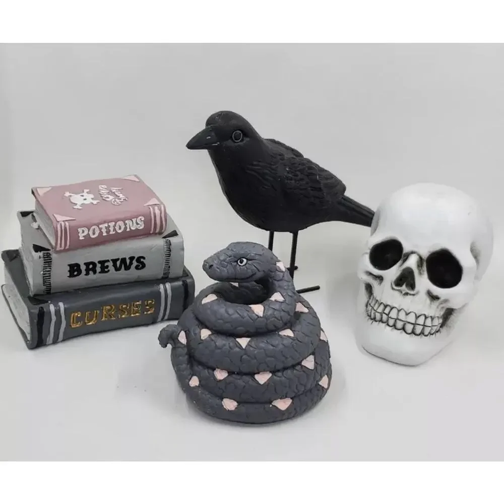 Set of 4 Mini Halloween Figures Book Stack Skull Crow Snake Pink & Gray NEW